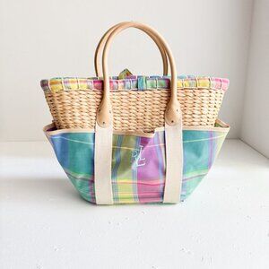 Ralph Lauren Woven Plaid Pastel Fabric Detail Small Basket Tote